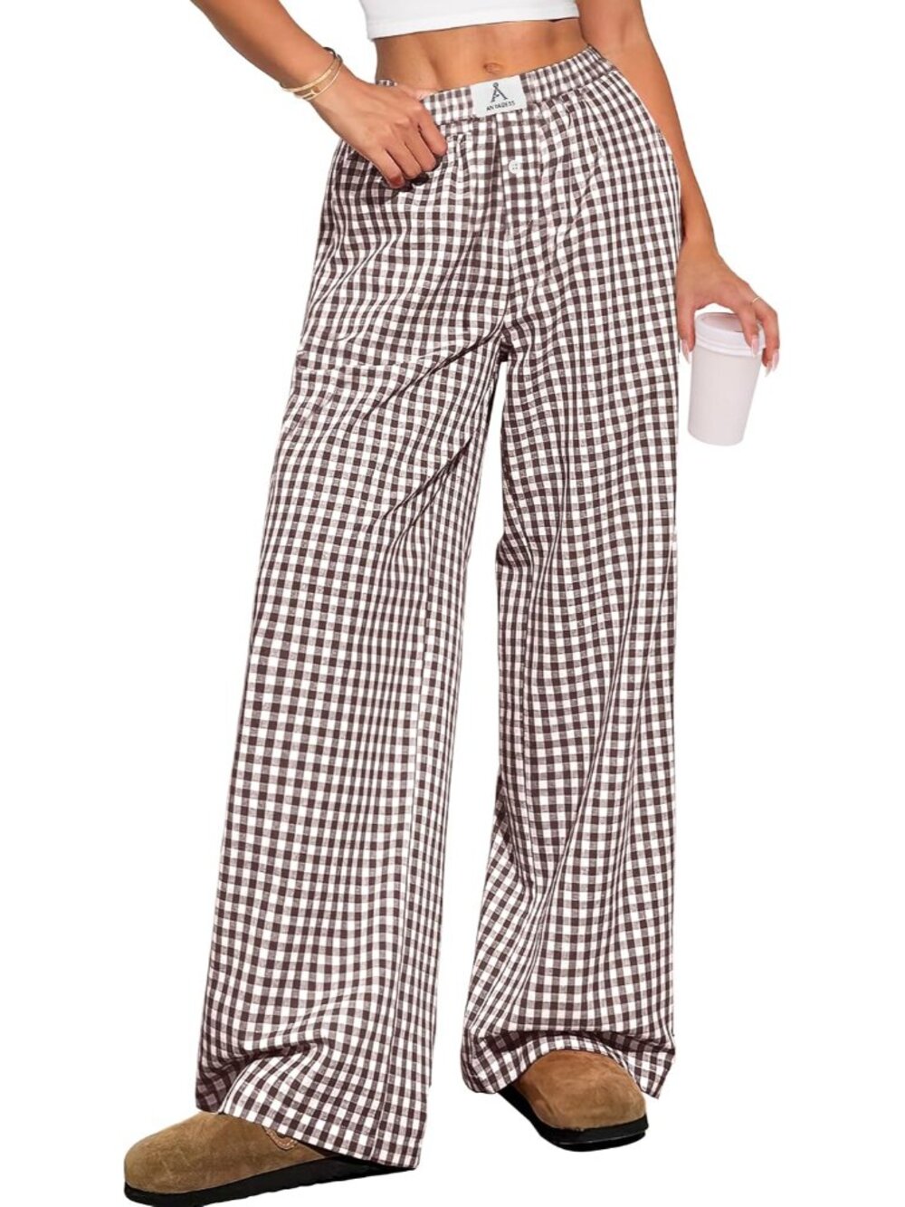 Retro Brown White Gingham Striped Boxer Pants - Perfect for Casual Outings